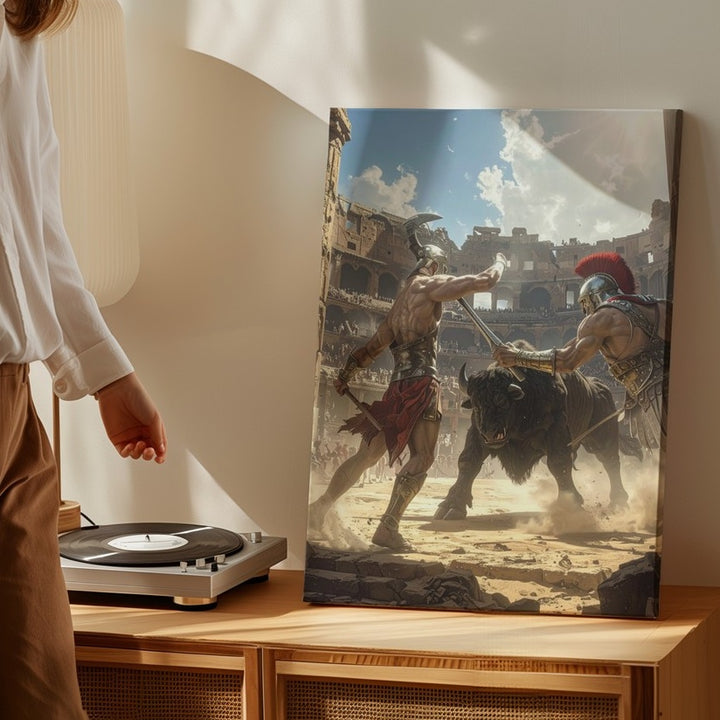Gladiator vs Minotaur Canvas – Epic Roman Colosseum Battle Art - Gifitto