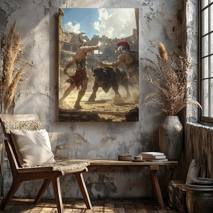 Gladiator vs Minotaur Canvas – Epic Roman Colosseum Battle Art - Gifitto