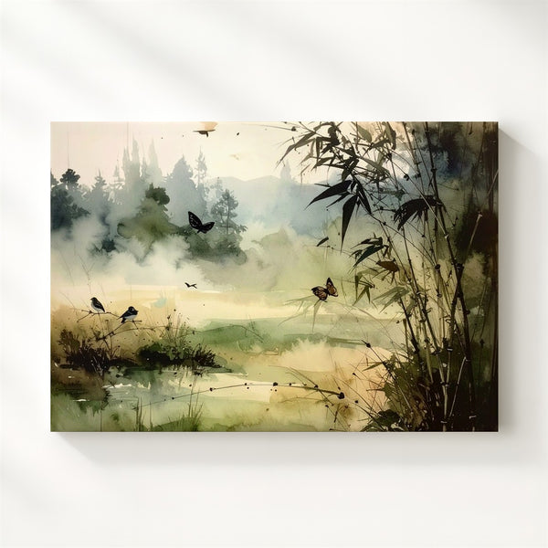 Whispers in the Mist Canvas – Watercolor Nature Scene with Birds, Bamboo & Butterfly - Gifitto