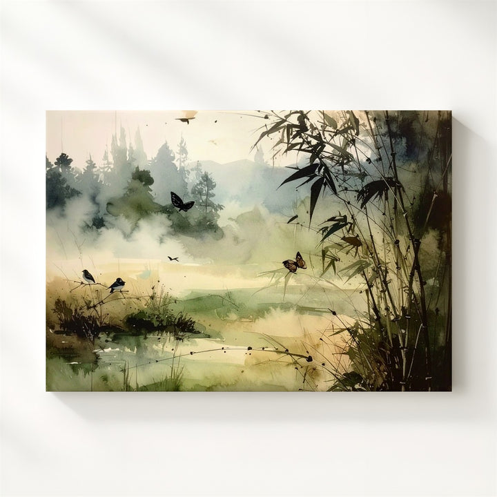 Whispers in the Mist Canvas – Watercolor Nature Scene with Birds, Bamboo & Butterfly - Gifitto