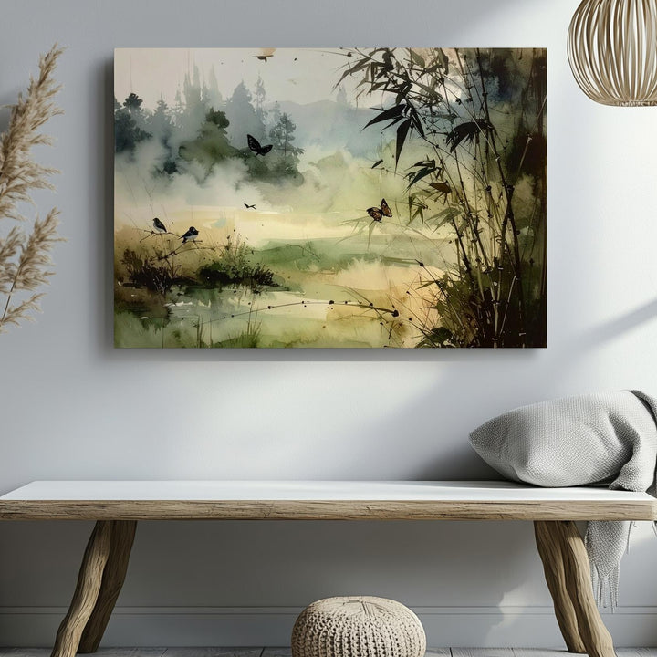Whispers in the Mist Canvas – Watercolor Nature Scene with Birds, Bamboo & Butterfly - Gifitto
