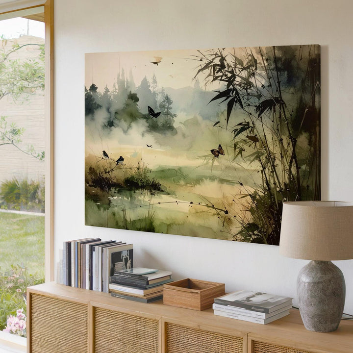 Whispers in the Mist Canvas – Watercolor Nature Scene with Birds, Bamboo & Butterfly - Gifitto