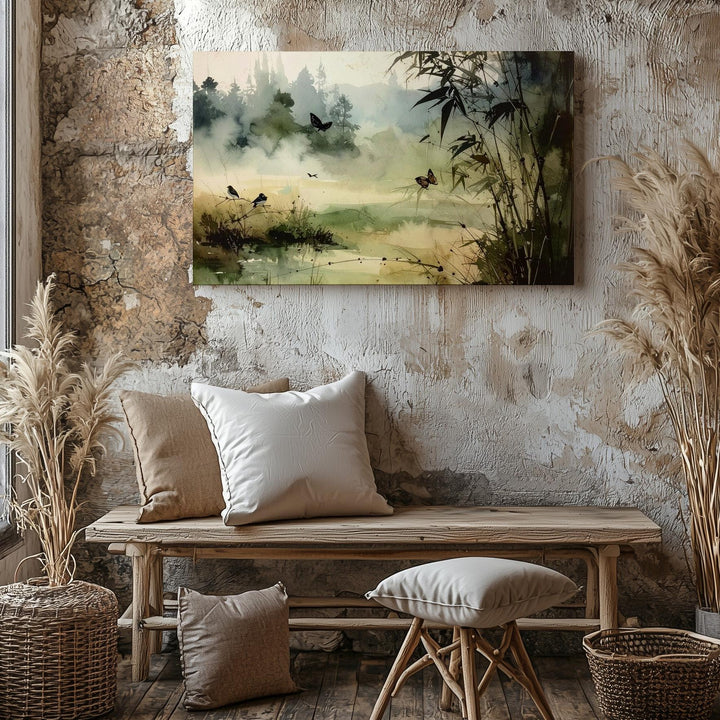 Whispers in the Mist Canvas – Watercolor Nature Scene with Birds, Bamboo & Butterfly - Gifitto