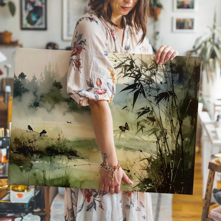 Whispers in the Mist Canvas – Watercolor Nature Scene with Birds, Bamboo & Butterfly - Gifitto