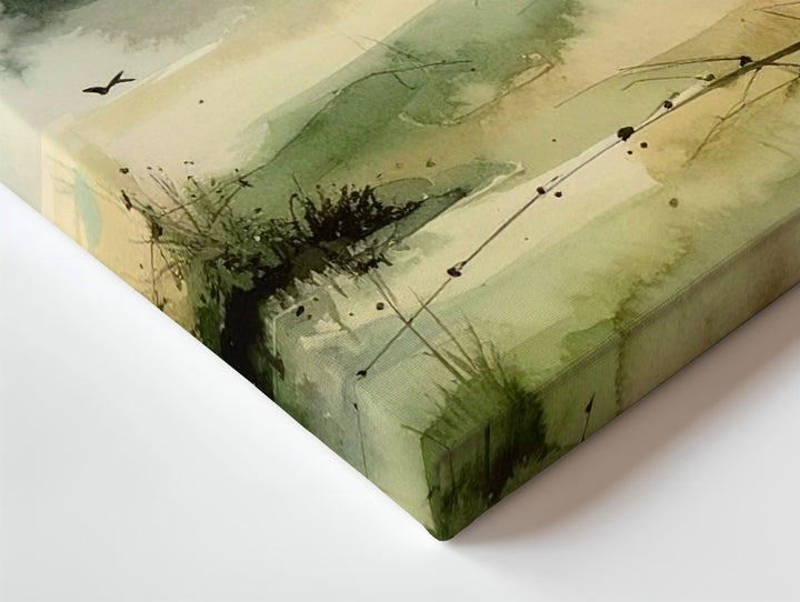 Whispers in the Mist Canvas – Watercolor Nature Scene with Birds, Bamboo & Butterfly - Gifitto