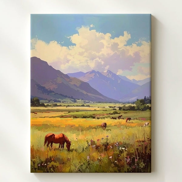Pastoral Meadow Horses Canvas – Tranquil Rural Landscape Wall Art - Gifitto