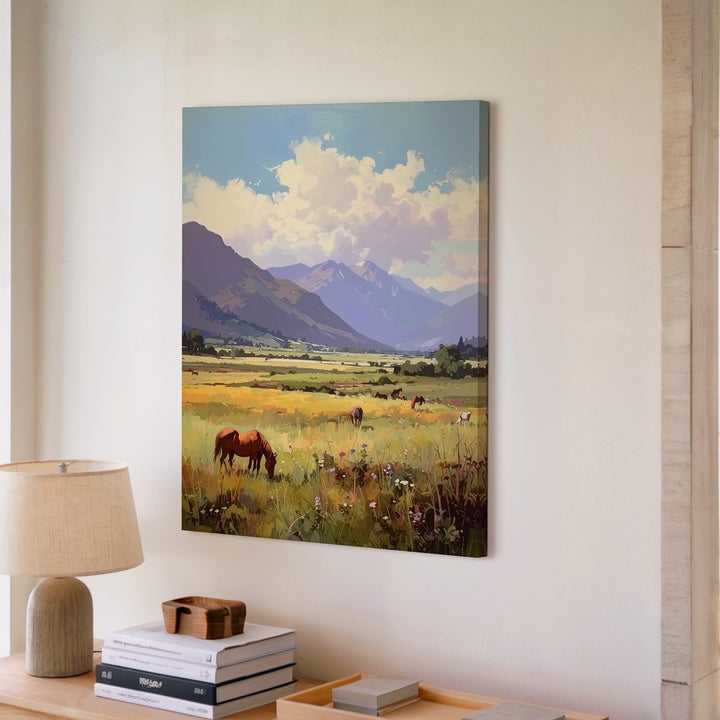 Pastoral Meadow Horses Canvas – Tranquil Rural Landscape Wall Art - Gifitto