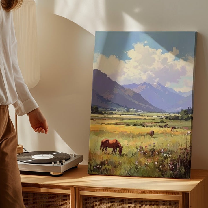 Pastoral Meadow Horses Canvas – Tranquil Rural Landscape Wall Art - Gifitto