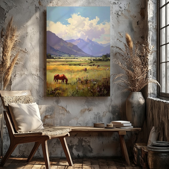 Pastoral Meadow Horses Canvas – Tranquil Rural Landscape Wall Art - Gifitto