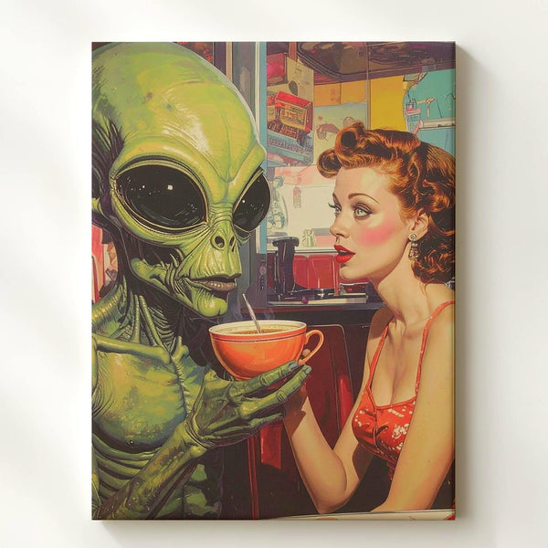 Alien Diner Encounter Canvas – Retro 1950s Meets Extraterrestrial Art - Gifitto
