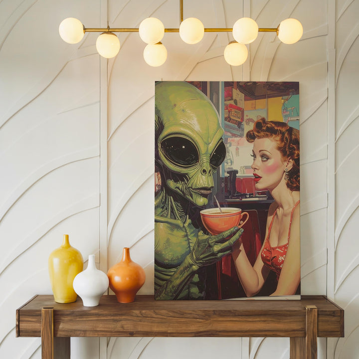 Alien Diner Encounter Canvas – Retro 1950s Meets Extraterrestrial Art - Gifitto