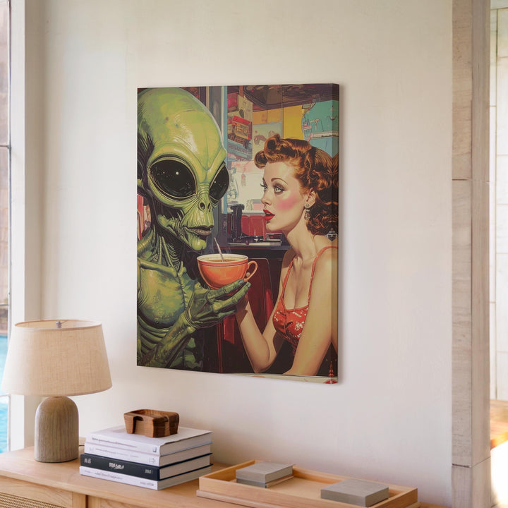 Alien Diner Encounter Canvas – Retro 1950s Meets Extraterrestrial Art - Gifitto