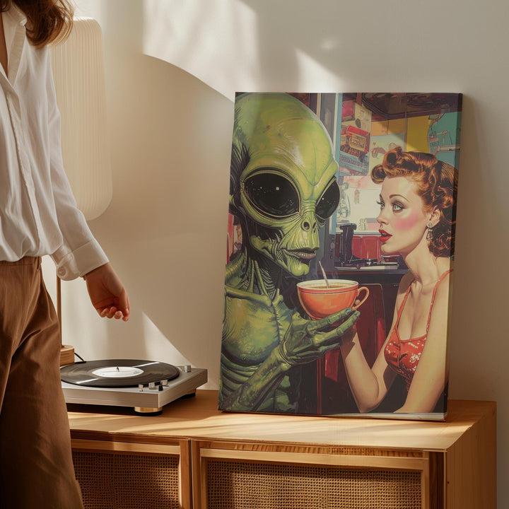 Alien Diner Encounter Canvas – Retro 1950s Meets Extraterrestrial Art - Gifitto