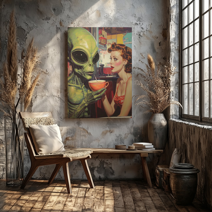 Alien Diner Encounter Canvas – Retro 1950s Meets Extraterrestrial Art - Gifitto
