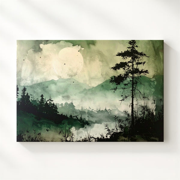 Misty Forest Serenity Canvas – Ink-Style Pine Landscape with Moon & Bamboo - Gifitto