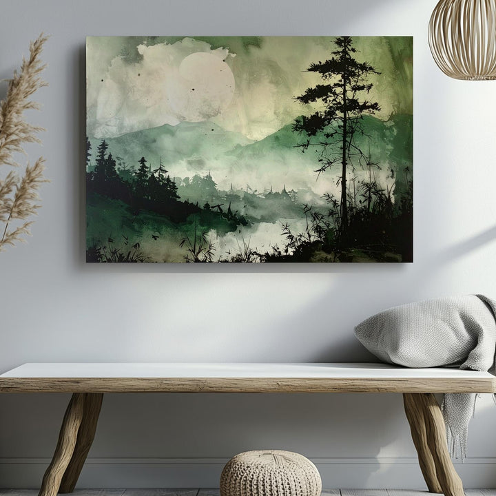 Misty Forest Serenity Canvas – Ink-Style Pine Landscape with Moon & Bamboo - Gifitto
