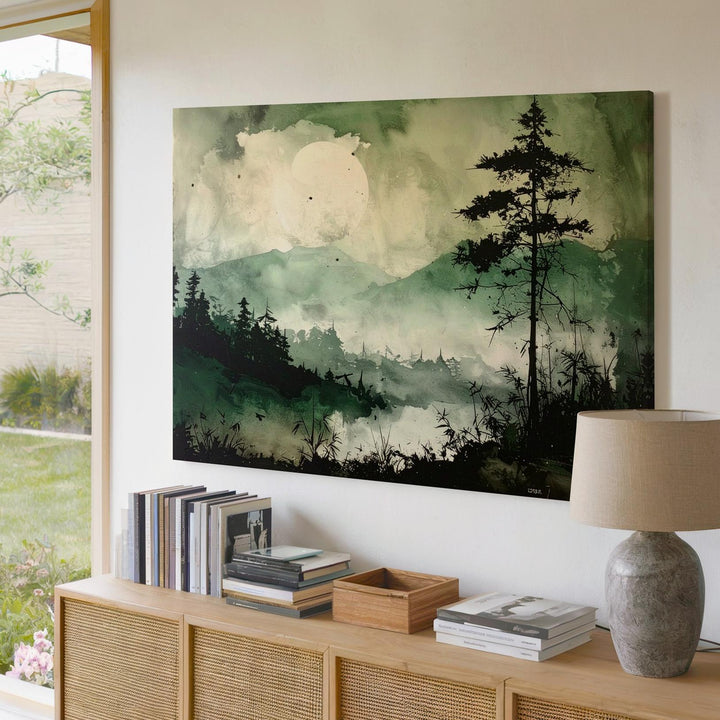 Misty Forest Serenity Canvas – Ink-Style Pine Landscape with Moon & Bamboo - Gifitto