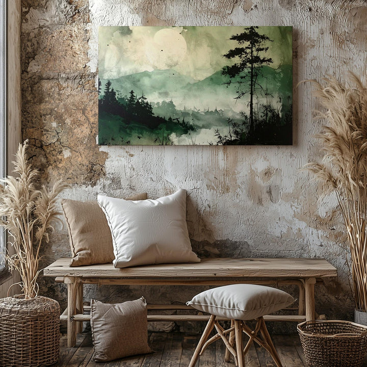 Misty Forest Serenity Canvas – Ink-Style Pine Landscape with Moon & Bamboo - Gifitto