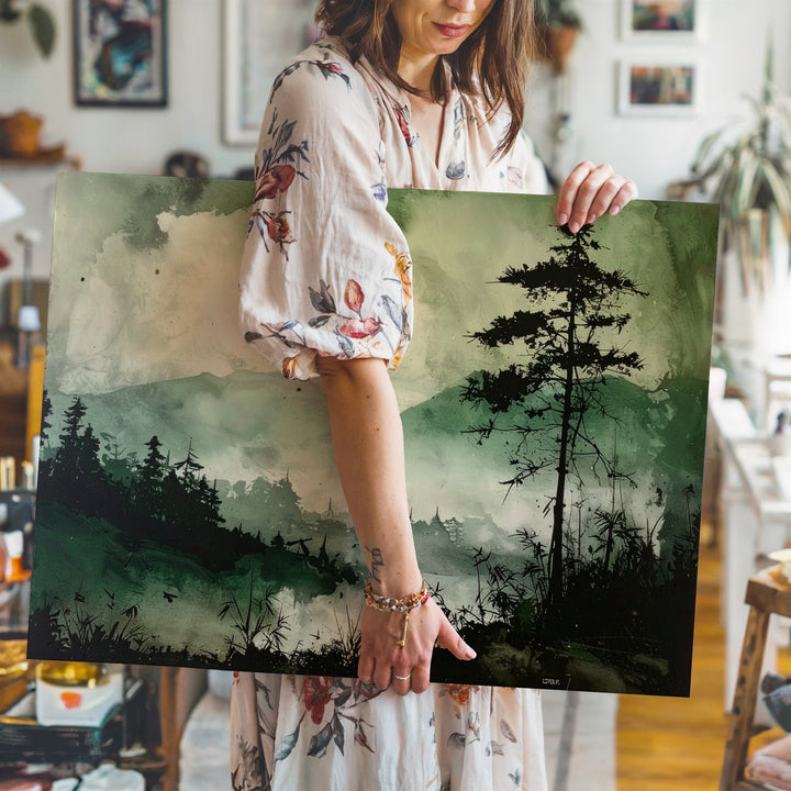 Misty Forest Serenity Canvas – Ink-Style Pine Landscape with Moon & Bamboo - Gifitto