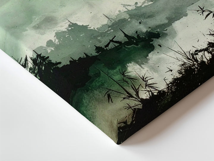 Misty Forest Serenity Canvas – Ink-Style Pine Landscape with Moon & Bamboo - Gifitto