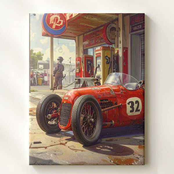 Vintage Race Car & Gas Station Canvas – Nostalgic Motorsport Wall Art - Gifitto
