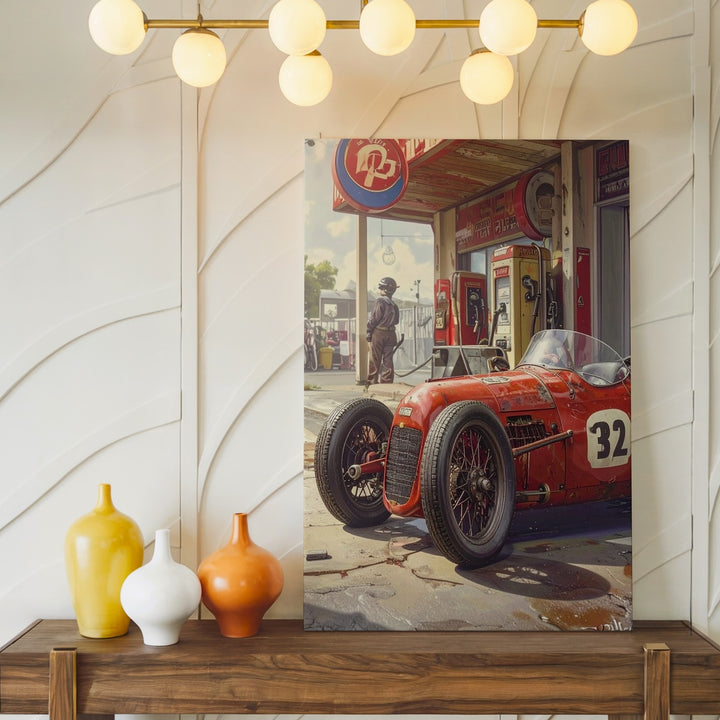Vintage Race Car & Gas Station Canvas – Nostalgic Motorsport Wall Art - Gifitto