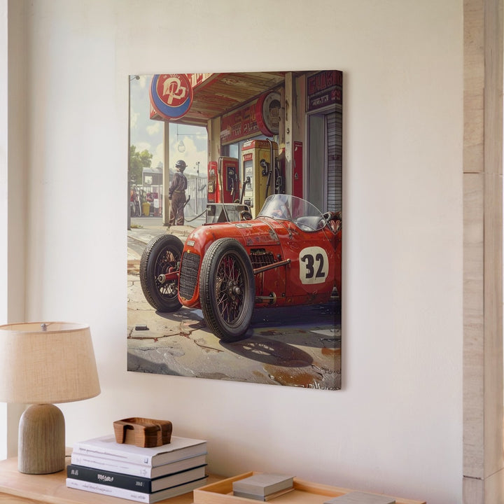 Vintage Race Car & Gas Station Canvas – Nostalgic Motorsport Wall Art - Gifitto