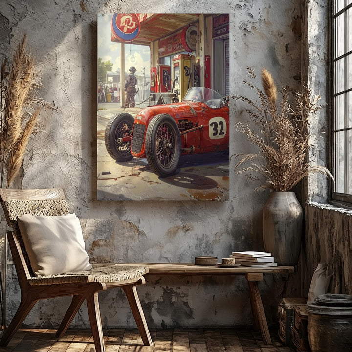 Vintage Race Car & Gas Station Canvas – Nostalgic Motorsport Wall Art - Gifitto