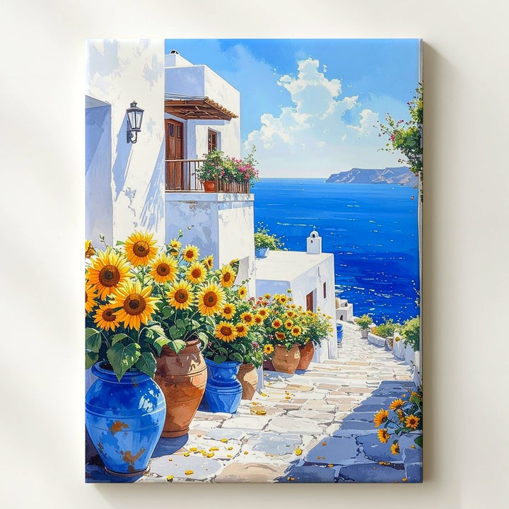 Mediterranean Seaside Village Canvas – Watercolor Coastal Scene with Sunflowers - Gifitto