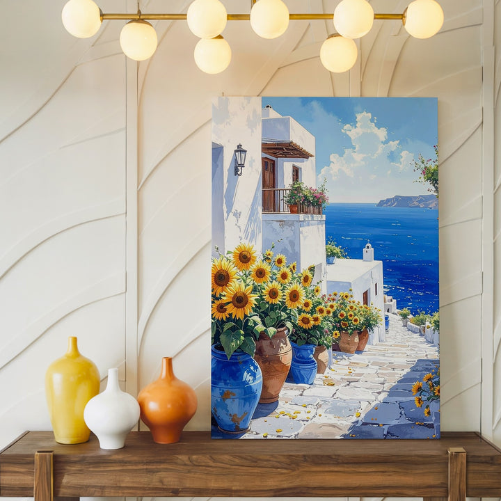 Mediterranean Seaside Village Canvas – Watercolor Coastal Scene with Sunflowers - Gifitto