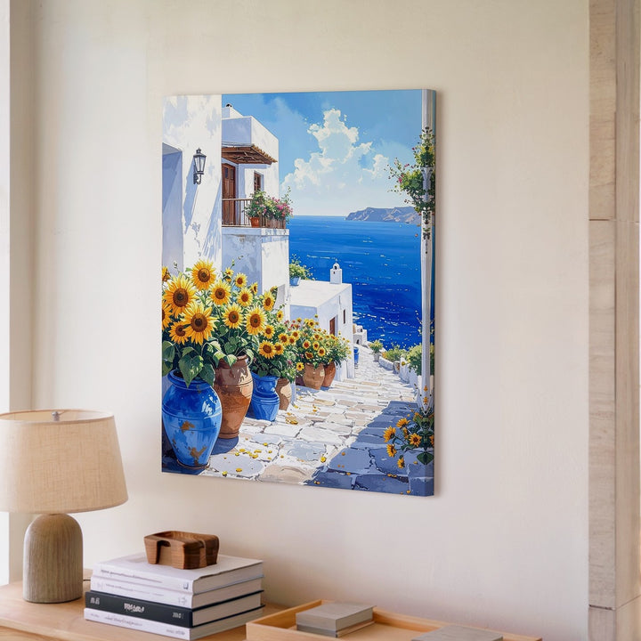 Mediterranean Seaside Village Canvas – Watercolor Coastal Scene with Sunflowers - Gifitto
