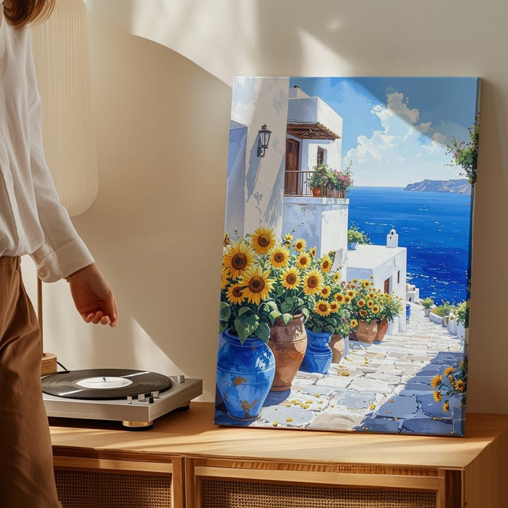 Mediterranean Seaside Village Canvas – Watercolor Coastal Scene with Sunflowers - Gifitto