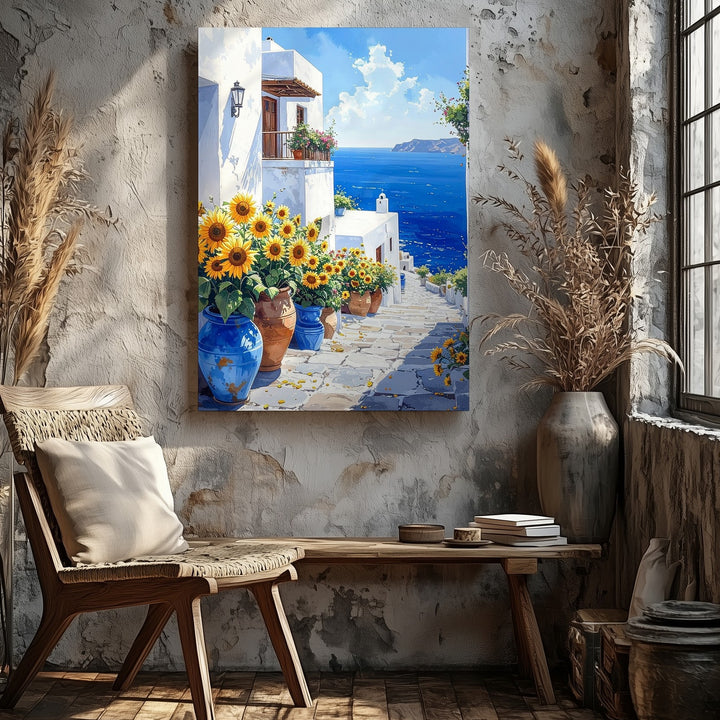 Mediterranean Seaside Village Canvas – Watercolor Coastal Scene with Sunflowers - Gifitto