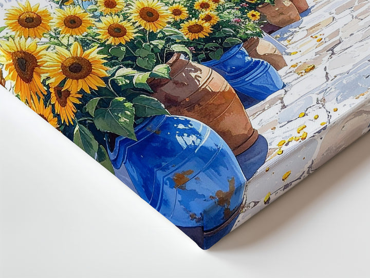 Mediterranean Seaside Village Canvas – Watercolor Coastal Scene with Sunflowers - Gifitto