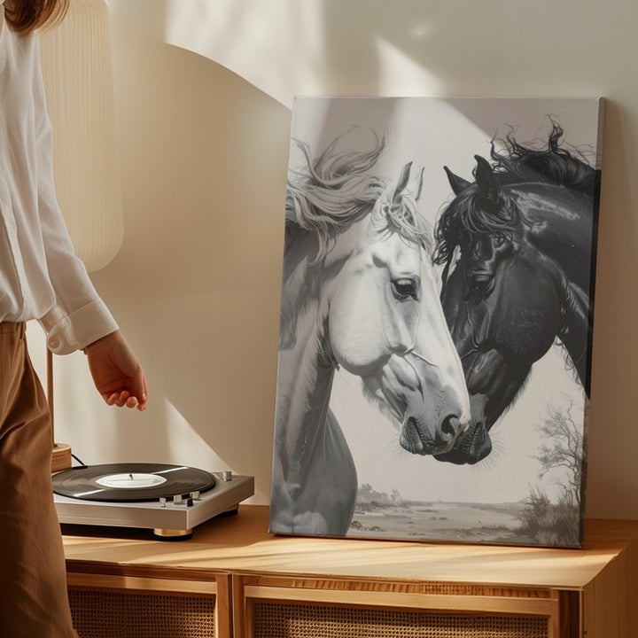 Eternal Bond Horse Canvas – Black and White Equine Connection Art - Gifitto