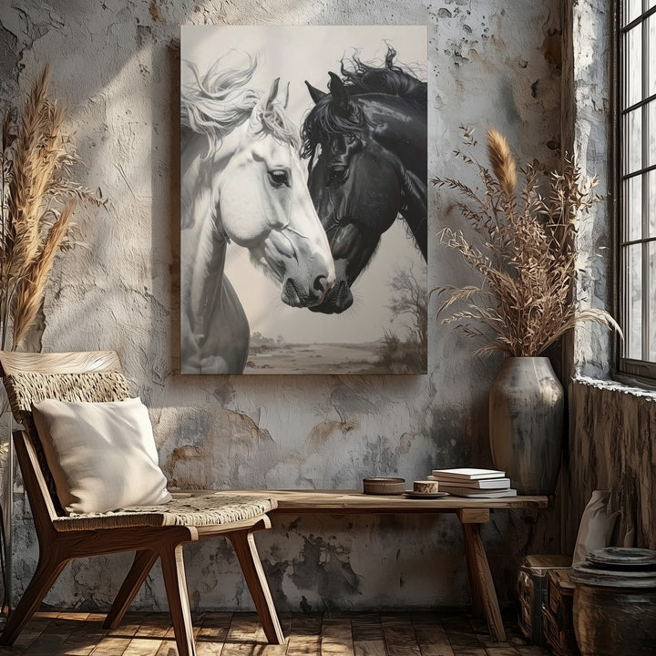 Eternal Bond Horse Canvas – Black and White Equine Connection Art - Gifitto