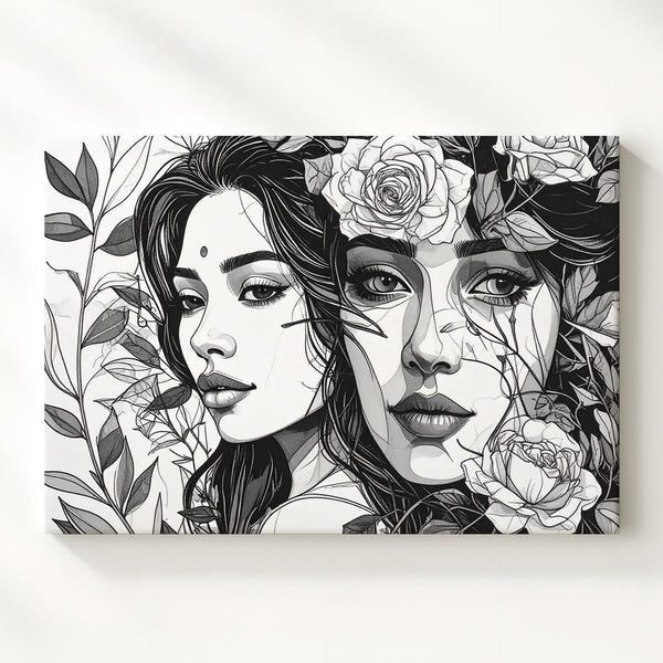 Floral Portrait Canvas – Black-and-White Line Art of Roses and Faces - Gifitto