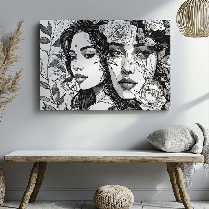 Floral Portrait Canvas – Black-and-White Line Art of Roses and Faces - Gifitto