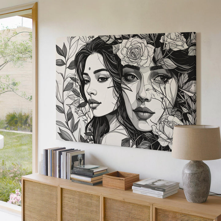 Floral Portrait Canvas – Black-and-White Line Art of Roses and Faces - Gifitto
