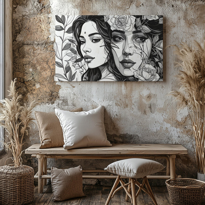 Floral Portrait Canvas – Black-and-White Line Art of Roses and Faces - Gifitto