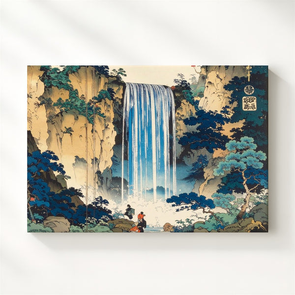 Majestic Waterfall Ukiyo-e Canvas – Japanese Woodblock Landscape with Cliffs & Figures - Gifitto