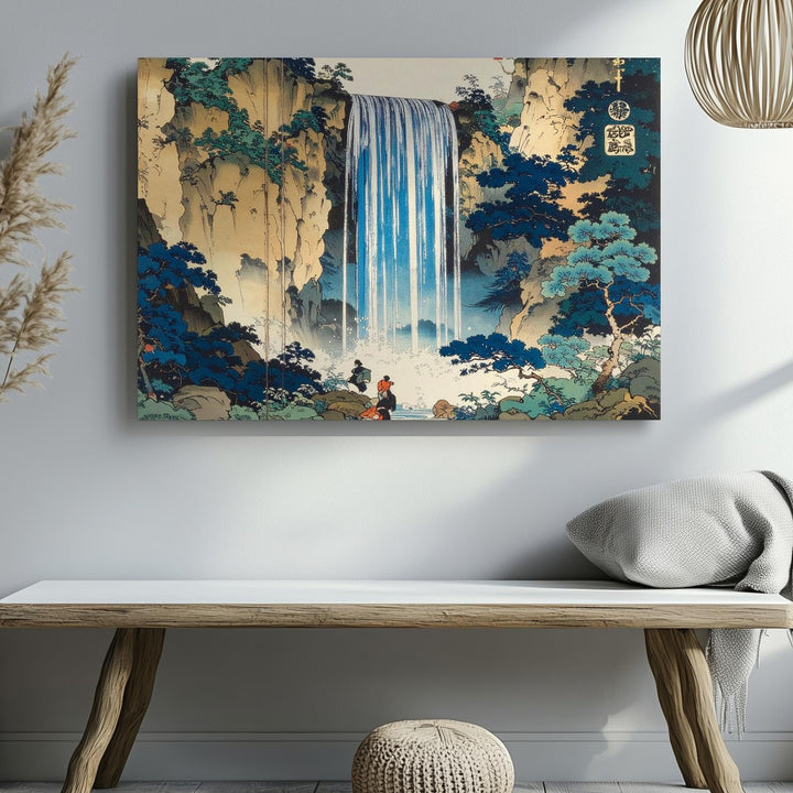 Majestic Waterfall Ukiyo-e Canvas – Japanese Woodblock Landscape with Cliffs & Figures - Gifitto