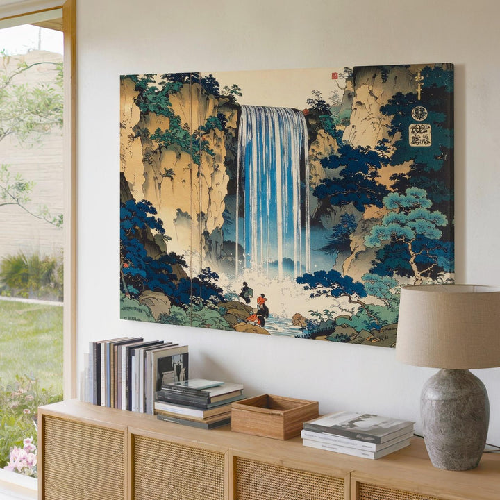 Majestic Waterfall Ukiyo-e Canvas – Japanese Woodblock Landscape with Cliffs & Figures - Gifitto