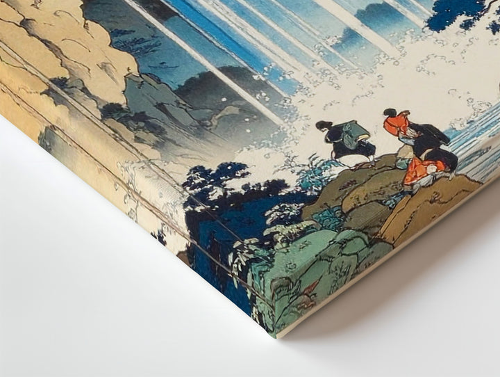 Majestic Waterfall Ukiyo-e Canvas – Japanese Woodblock Landscape with Cliffs & Figures - Gifitto