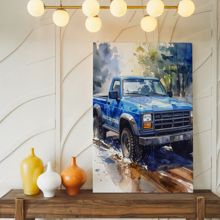 Blue Pickup Truck Watercolor Canvas – Dreamlike Off-Road Wall Art - Gifitto