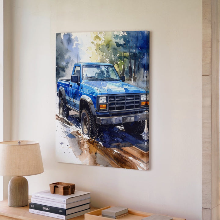 Blue Pickup Truck Watercolor Canvas – Dreamlike Off-Road Wall Art - Gifitto
