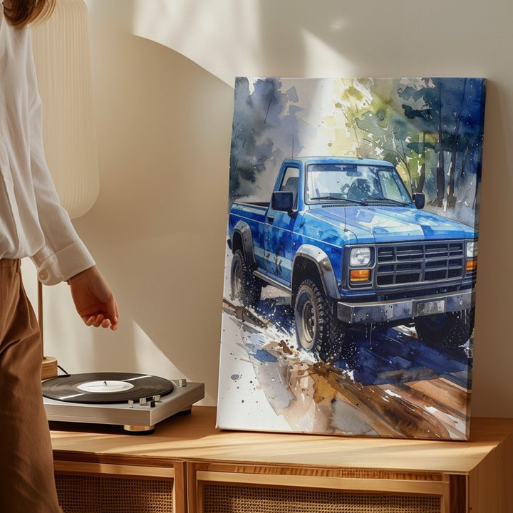 Blue Pickup Truck Watercolor Canvas – Dreamlike Off-Road Wall Art - Gifitto