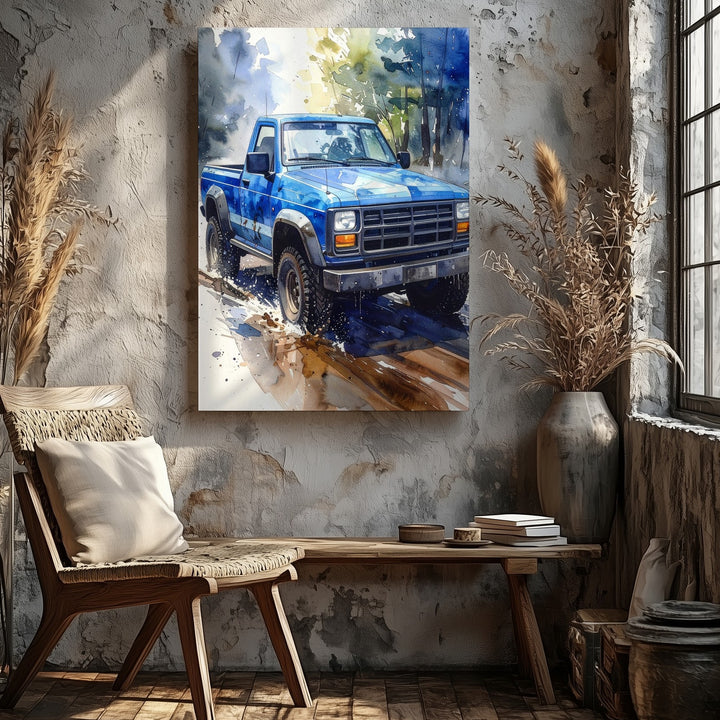 Blue Pickup Truck Watercolor Canvas – Dreamlike Off-Road Wall Art - Gifitto