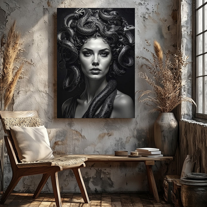 Medusa Portrait Canvas – Dramatic Black & White Mythological Art - Gifitto