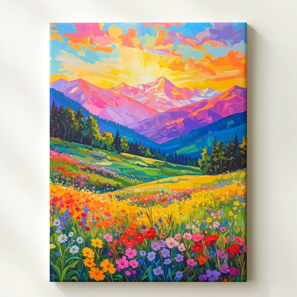 Sunset Mountain Valley Canvas – Vibrant Wildflower Meadow and Dramatic Sunset Landscape - Gifitto